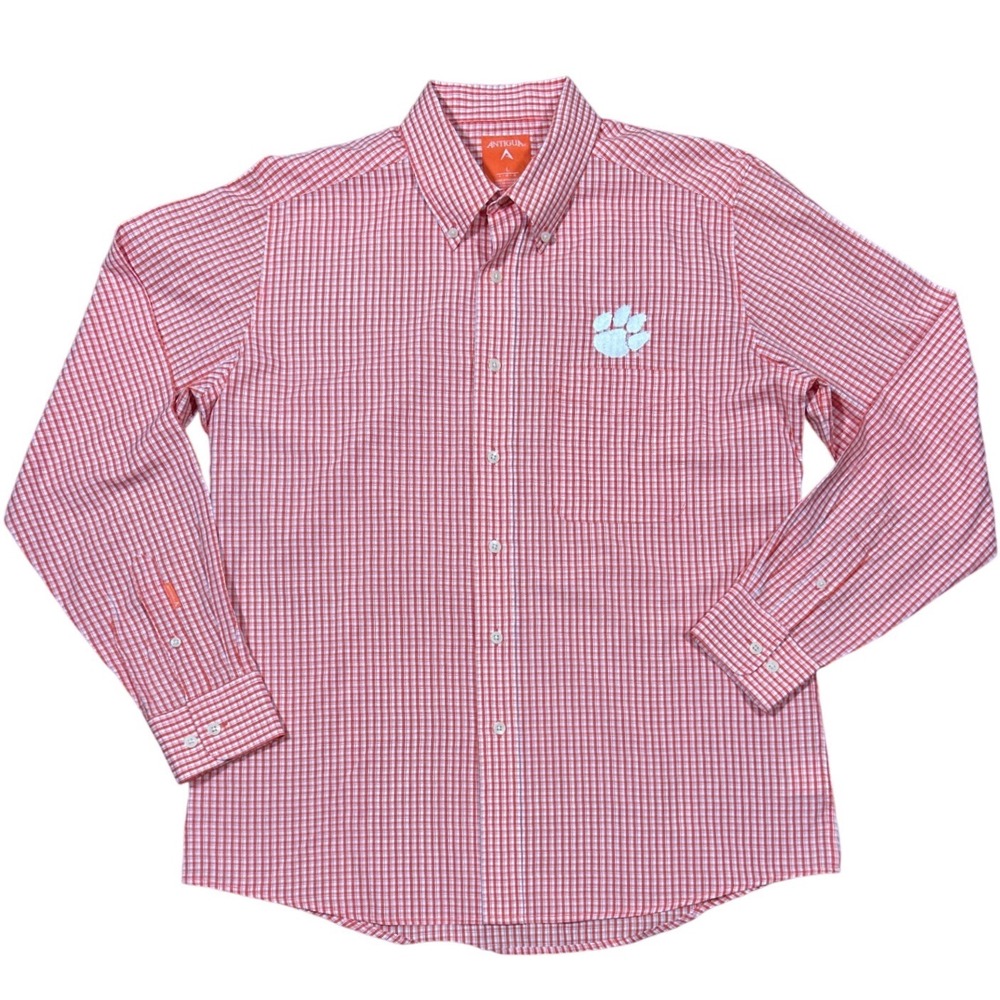 Antigua Clemson Tigers Mens Shirt Orange White Gingham Button Down NCAA Large